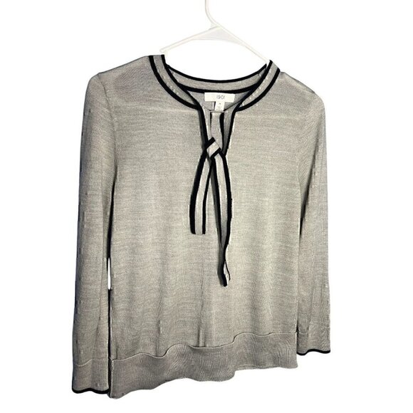 1901 Womens Grey Sweater With Black Trim & Tie Neckline, preppy, 50% Merino wool - Picture 2 of 7